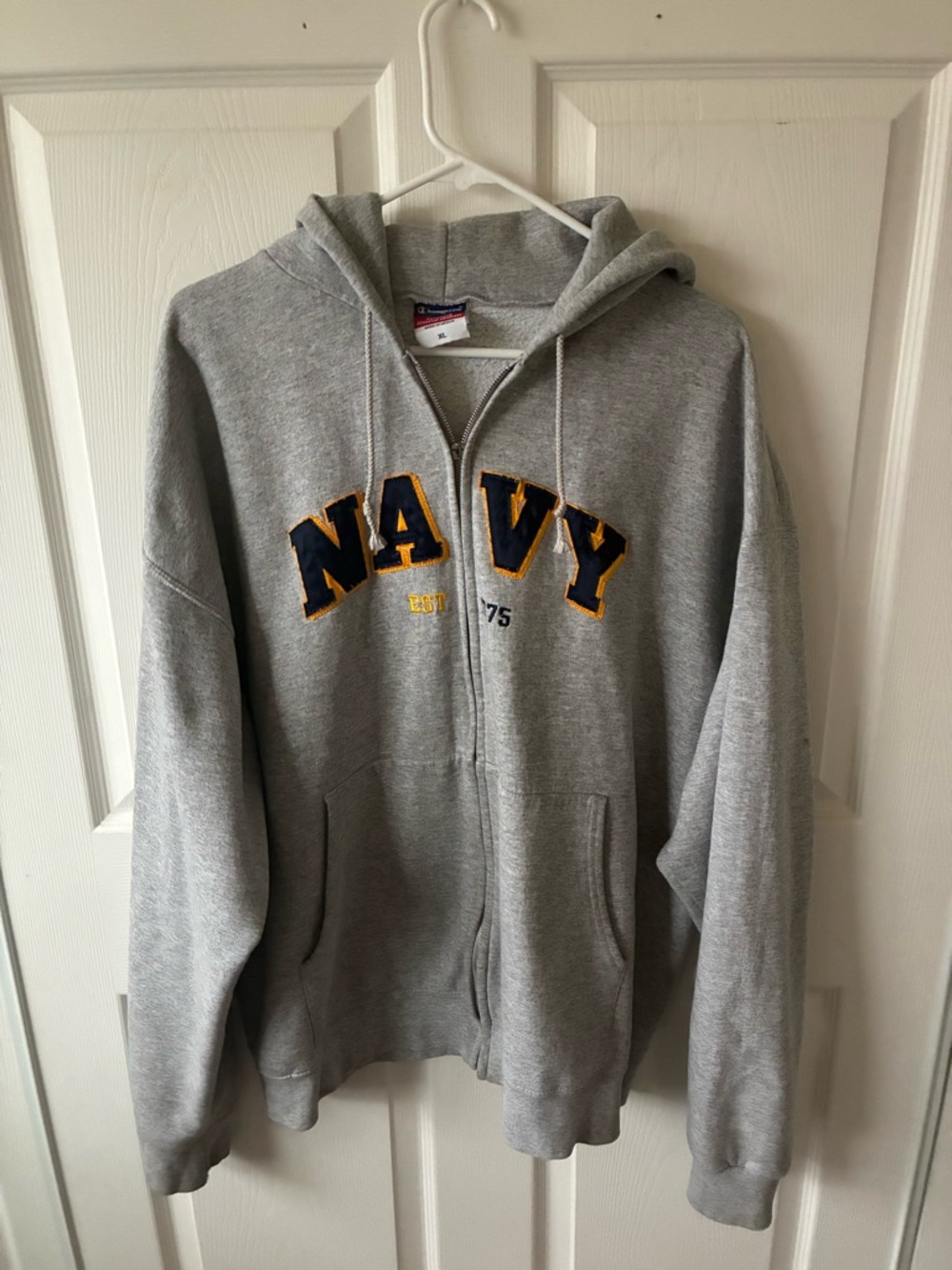 Champion Gray Zip-Up Hoodie with Navy Lettering and Yellow Trim